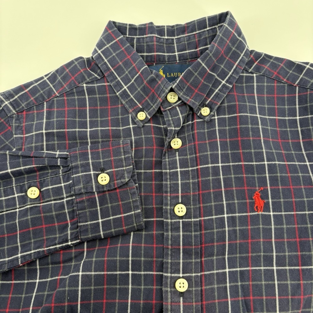 Youth Ralph Lauren Button Up Blue White Red Plaid‎ L/S Size Small (8) Red Pony